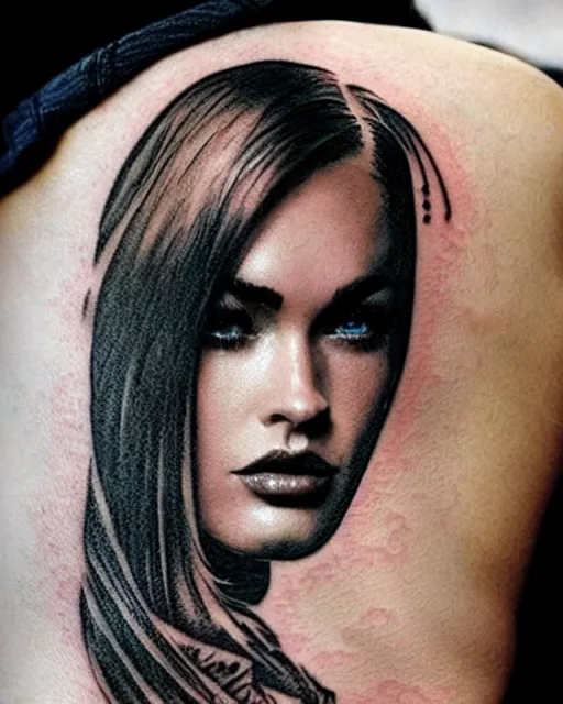 Image similar to double exposure effect tattoo sketch of a megan fox portrait blended with beautiful mountain scenery, surreal, in the style of matteo pasqualin, amazing detail, sharp