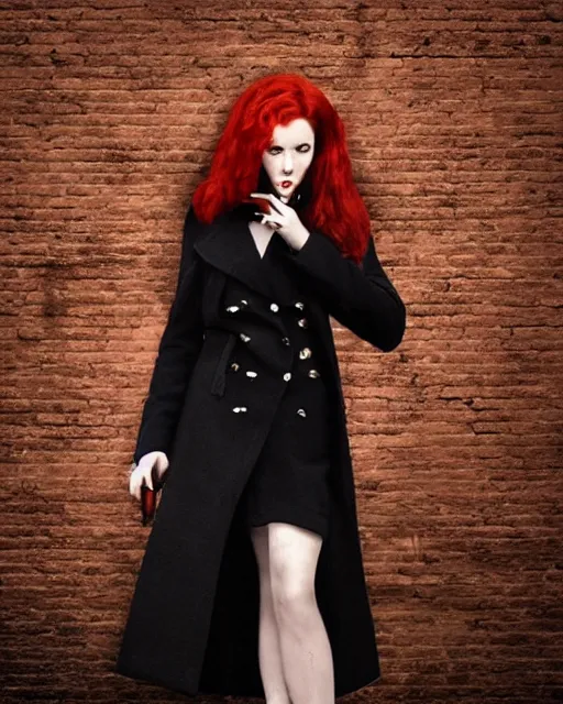 Prompt: A detailed matte painting of a redhaired woman in a black trenchcoat smoking a cigarette leaning against a brick wall in a dark alley at night. trending on deviantart, film noire, seductive, realistic proportions.