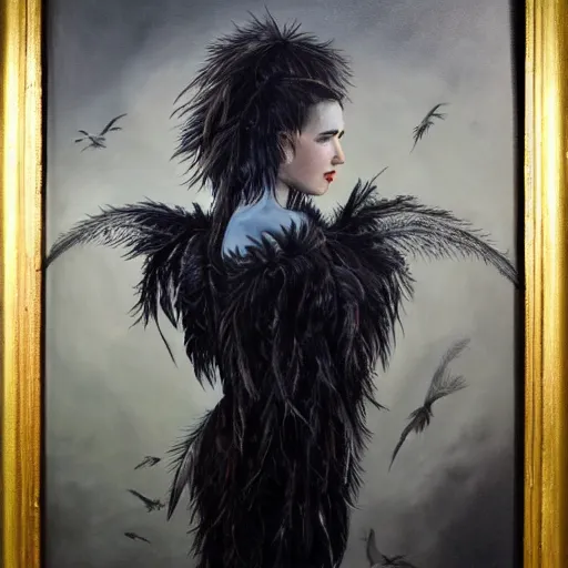 Image similar to detailed realistic oil painting youthful young jennifer connelly with black feathers instead of hair, dark fae, black lips, gray mottled skin, feathers growing out of skin, feathers growing from arms, black hands with long black claws, pale and sickly, profile view, full body, gothic, - - ar 9 : 1 6