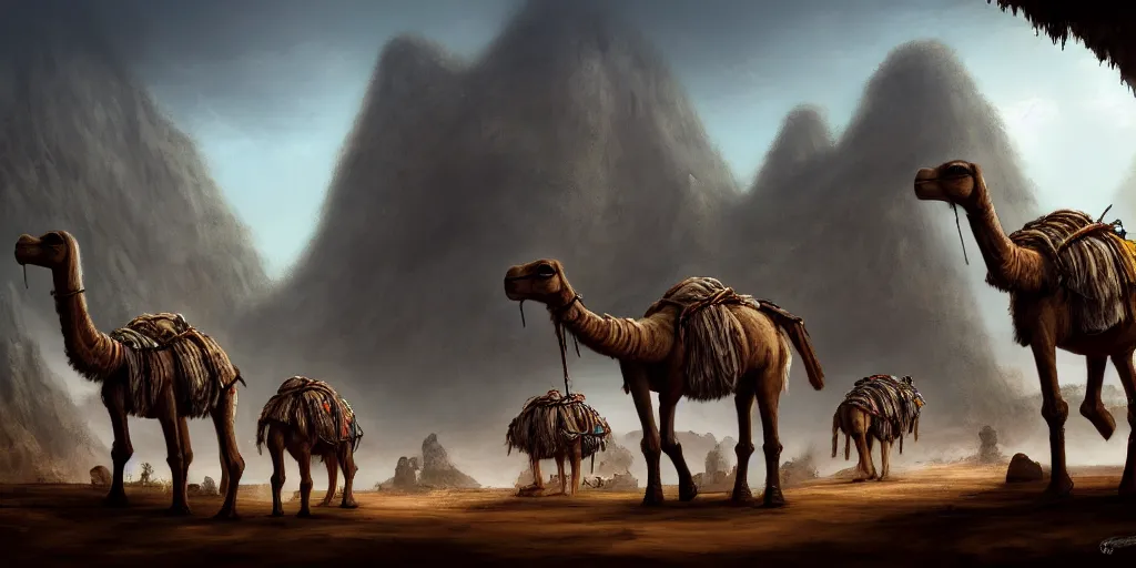 Image similar to bipedal humanoid dromedary as village merchants, temple city, caves of qud, matte oil painting, chrome, cathedral, retrofuturistic, concept art, science fantasy, mutant, rpg, epic, rust, salt, jungle, dungeons & dragons, sharp focus, award - winning, extremely detailed, 4 k, 8 k