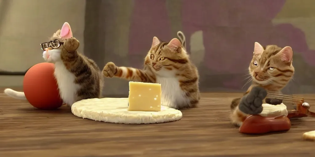 Prompt: a cat playing the fiddle while dancing on its hind legs on top of a round ball of Swiss cheese, in the style of claymation