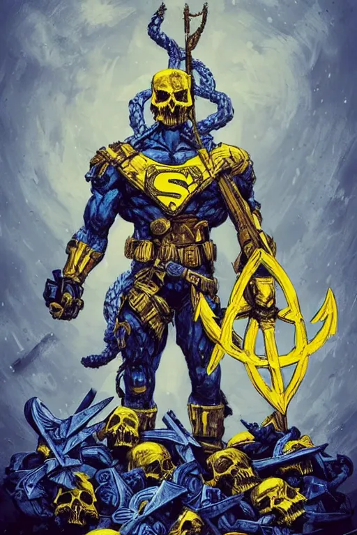 Image similar to a distant shot of one!! single super soldier with blue and yellow flag and a trident symbol standing alone on a huge pile of skulls as a winner, masculine figure, D&D, fantasy, intricate, elegant, highly detailed, extremely detailed, digital painting, artstation, concept art, matte, smooth, sharp focus, illustration, art by Artgerm and Greg Rutkowski and Alphonse Mucha