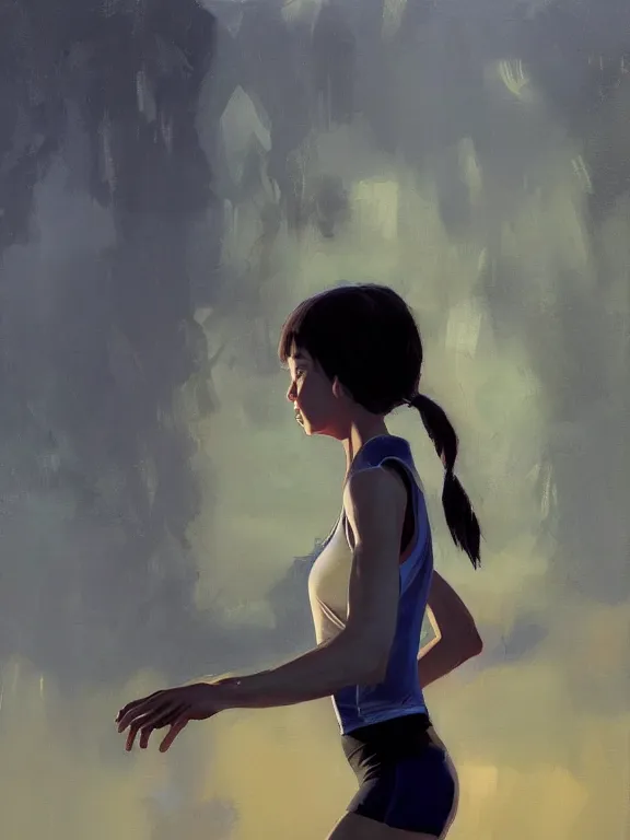 Image similar to an ultradetailed beautiful portrait painting of a girl training for a marathon, side view, oil painting, high resolution, by ilya kuvshinov, greg rutkowski and makoto shinkai