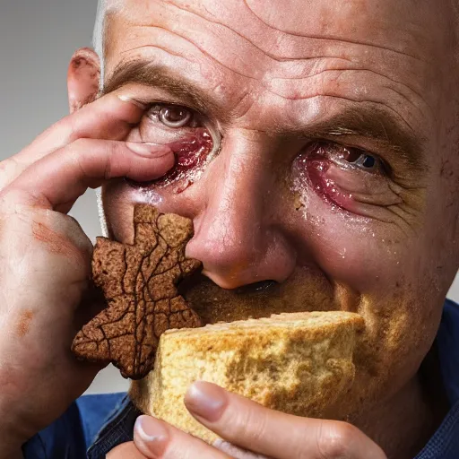 Prompt: A crying builder looking at the remains of his biscuit as half of it has sunk to the bottom of his cup of tea, high detail, studio lighting, close up