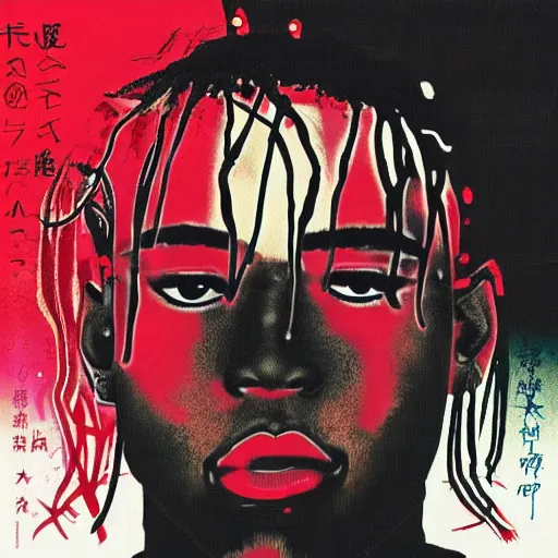 Prompt: random japanese words in the red and black color as xxxtentacion album cover