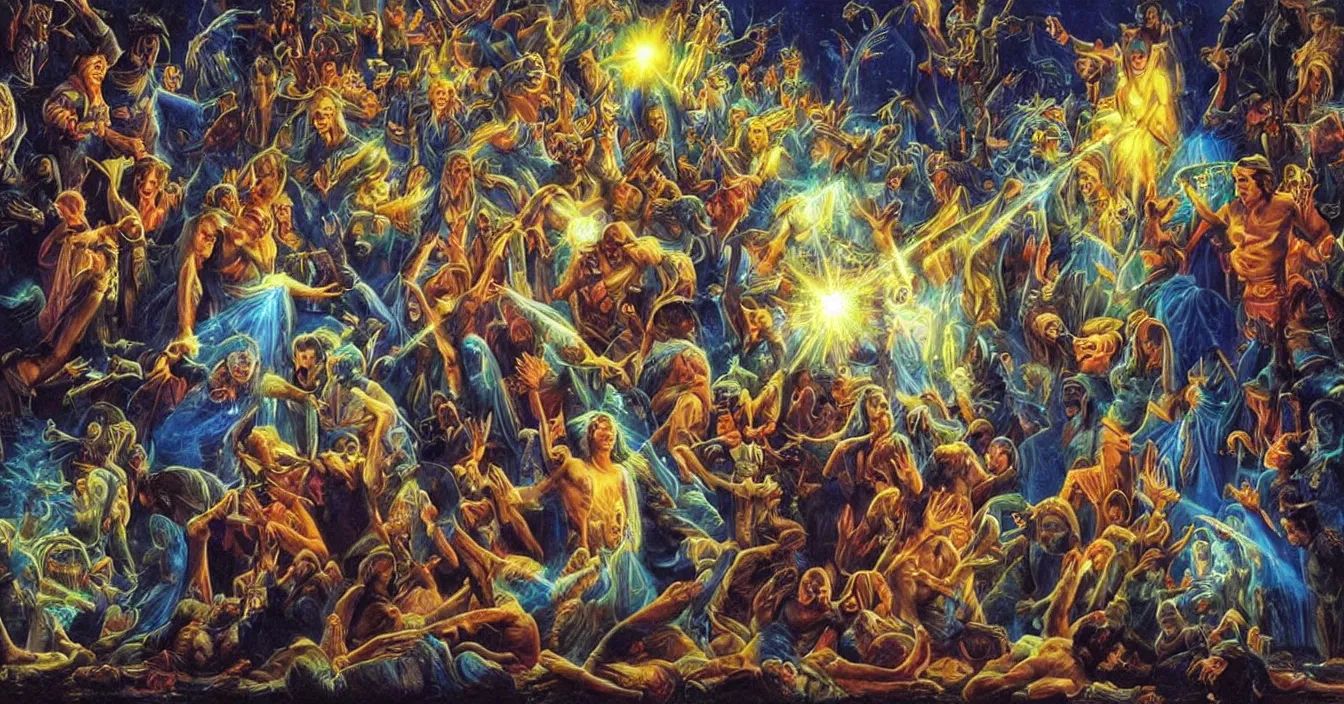 Image similar to Human egos are trapped in the illusion of physical reality, sitting in a movie theater, watching the light of consciousness project their lives onto a giant screen, realistic image full of sense of spirituality, life meaning, meaining of physical reality, happy atmosphere, by Jeff Easley