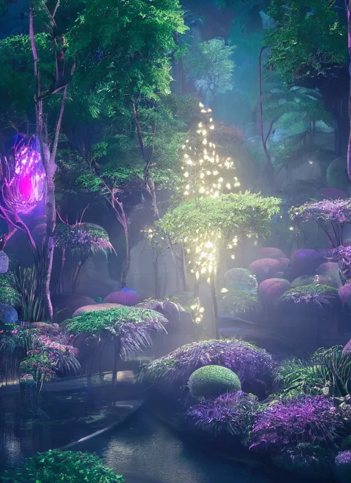 Image similar to beauteous sumptuous, with incredible iridescent pearlescent voluminous fluorescent neon indirect soft glow cinematic lighting, fountain of youth, secret garden, crystalline masterpiece incrustations, hyperdetailed features, movie still, intricate, octane render, cinematic forest lighting, unreal engine, crepuscular rays, god rays