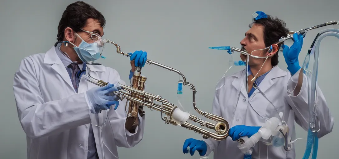 Image similar to doctor playing saxophone made out of clear tubing, syringes, urine collection bag, iv pole, fluid bag, nebulizer equipment, bag - valve mask, defibrillator, coban