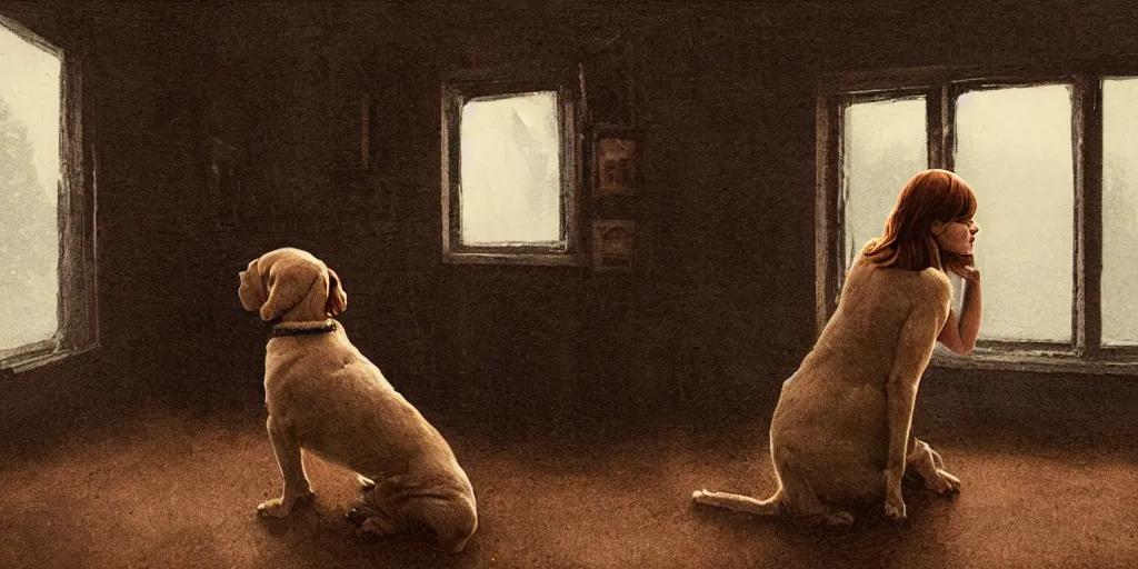 Image similar to portrait bust of emma stone petting a dog, solemn expression, faded color film, russian cinema, tarkovsky, kodachrome, old cabin, next to window, heavy forest outside, long brown hair, old clothing, heavy fog, hudson river school, 4 k, dramatic lighting, greg rutkowski