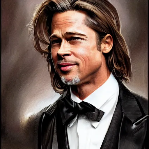 Prompt: brad pitt wearing a tuxedo, portrait, highly detailed, digital painting, artstation, concept art, sharp focus, illustration, art by artgerm and greg rutkowski and alphonse mucha