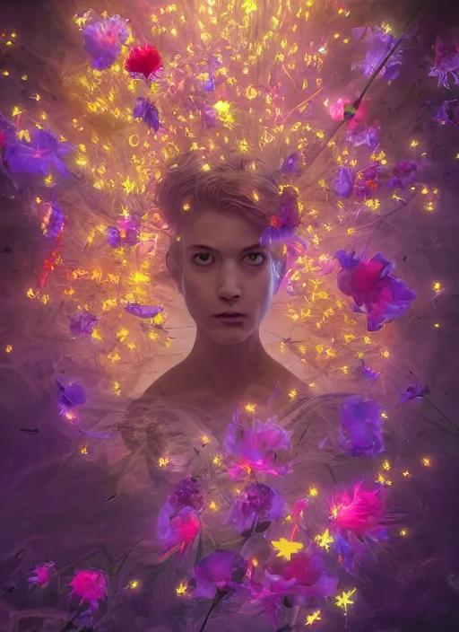 Prompt: An epic fantastic realism comic book style painting of the most beautiful spiraling flowers launched across the dark and starry Universe, floating bouquets, fisheye lens, unreal 5, DAZ, hyperrealistic, octane render, dynamic lighting