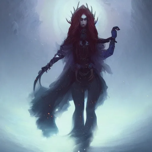 Image similar to grumpy necromancer girl, portait, ice magic, dark hair and makeup, sharp focus, digital painting, matte fantasy painting, deviantart artstation, by ivan aivazovsky, jason felix, steve argyle, tyler jacobson, peter mohrbacher, cinema, masterpiece