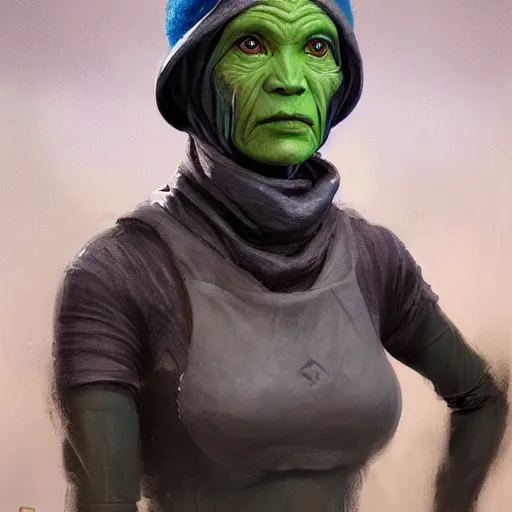 Image similar to portrait of a woman by greg rutkowski, female twi'lek, green skin, wool cap, star wars expanded universe, she is about 6 0 years old, wearing uniform of the galactic alliance navy, highly detailed portrait, digital painting, artstation, concept art, smooth, sharp foccus ilustration, artstation hq