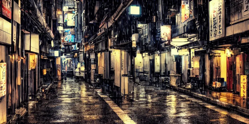 Prompt: quiet tokyo alley at night, raining, hdr, hyper realistic, hyperdetailed, epic composition, cinematic lighting, masterpiece, street photography