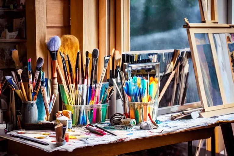 Prompt: artists studio full of art equipment. mason jar full of brushes close view on table easel with paining by window scenic full shot ambient lighting