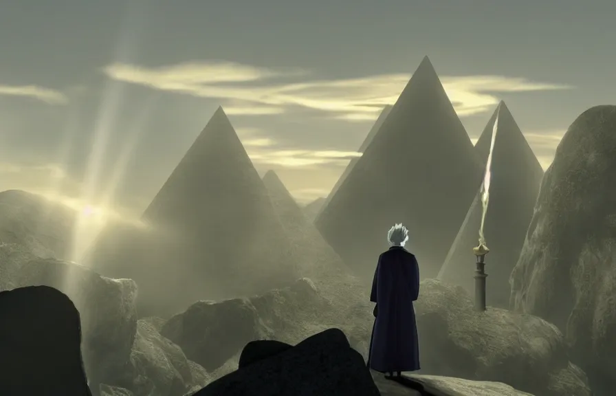 Image similar to a cell - shaded cartoon movie still from howl's moving castle ( 2 0 0 4 ) of a monk in a grey robe. in the background is a white pyramid with a golden capstone in the ocean. shafts of sunlight come from above. wide shot, very dull muted colors, hd, 4 k, hq