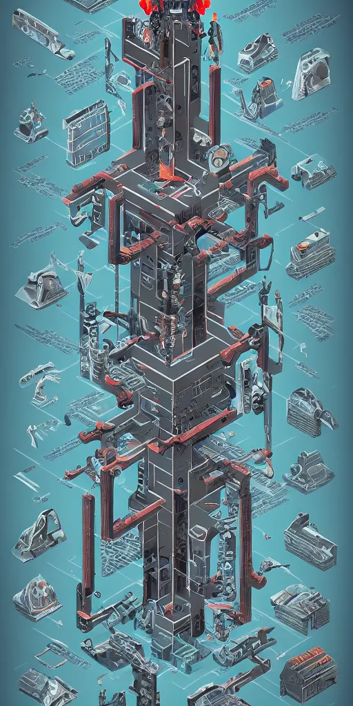 Prompt: isometric anatomy of the terminator, robot, cyborg, t100, diagrams, mystical, intricate ornamental tower floral flourishes, technology meets fantasy, map, infographic, concept art, art station, style of monument valley, giger, wes anderson