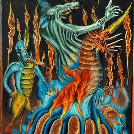 Prompt: medieval bestiary of repressed emotion monsters and creatures starting a fiery revolution in the psyche, surreal oil on canvas