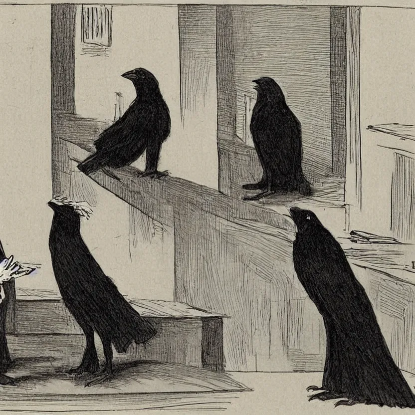 Prompt: a crow wearing judges robes sentences a cat to death for the crime of genocide, courtroom drawing