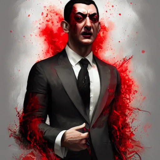 Image similar to portrait of aamir khan upper body in bloody business suit, blood red eyes, vampire fangs, fantasy, intricate, elegant, highly detailed, digital painting, artstation, concept art, matte, sharp focus, illustration, art by aenaluck and roberto ferri and greg rutkowski, epic fantasy, digital painting