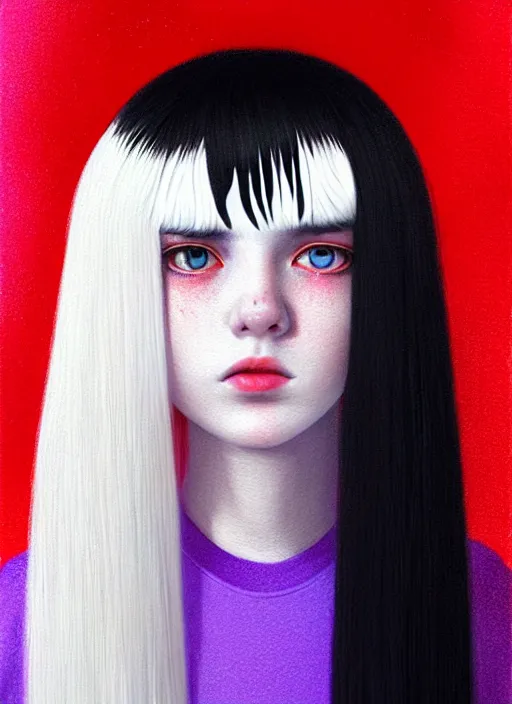 Image similar to hair whitebangs hair, black hair, whitebangs, portrait of teenage girl with white bangs, red irises, purple clothes, white bangs, bangs are different color from hair, intricate, elegant, glowing lights, highly detailed, digital painting, artstation, concept art, smooth, sharp focus, illustration, art by wlop, mars ravelo and greg rutkowski