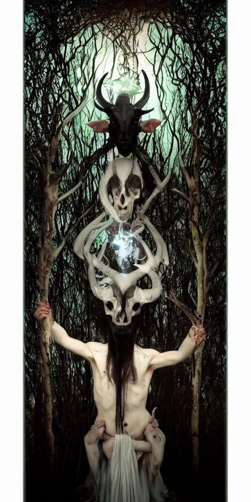 Image similar to softly glowing black metal pagan god with horns and pale skin and intense black eyes with a goat skull in very dark forest by johnson tsang and alphonse mucha, portrait, fantasy, clear, light beams, subtle shades of pastel, lens flare, soft, uhd, amazing depth, cinematic lighting