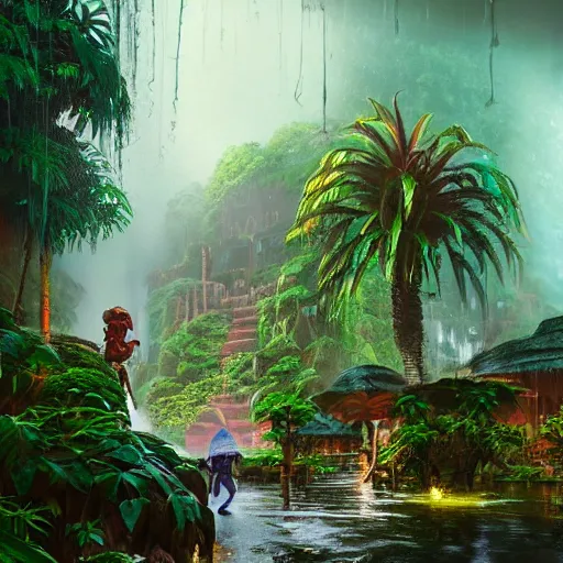 Image similar to aztec jungle village, ornate, beautiful, atmosphere, mist, vibe, smoke, beautiful, rain, reflection, pristine, puddles, waterfall, melting, dripping, wild look, mattepainting concept blizzard pixar maya engine splash comics global illumination lighting artstation, sharp focus, ilya kuvshinov, rossdraws