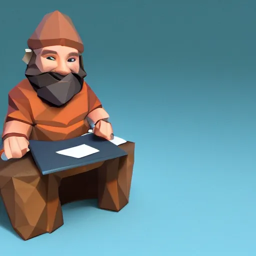 Prompt: A low poly dwarf sitting at a desk in the middle of a cave surprised at the amount of mail on the desk