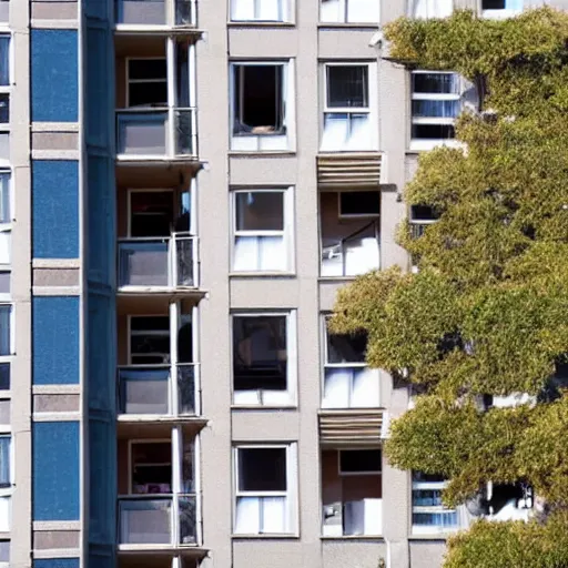 Image similar to a woman's hair grows from all the windows and doors of large apartment building, the hair reaches the ground, rendered