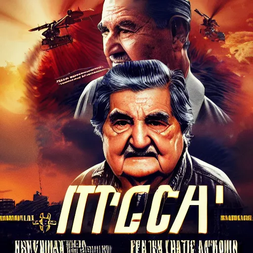 Prompt: poster for an action movie starring jose mujica, movie poster, advertisement, high detail, sharp, digital art, trending on artstation