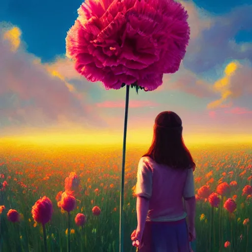 Image similar to girl with a giant carnation head, surreal photography, flower field, sunset dramatic light, impressionist painting, colorful clouds, blue sky, digital painting, artstation, simon stalenhag