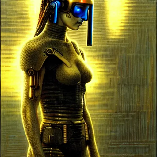 Prompt: natalie portman as cyberpunk samurai, atmospheric lighting, painted, intricate, blue and golden hour, ultra detailed by peter gric, giger, enki bilal