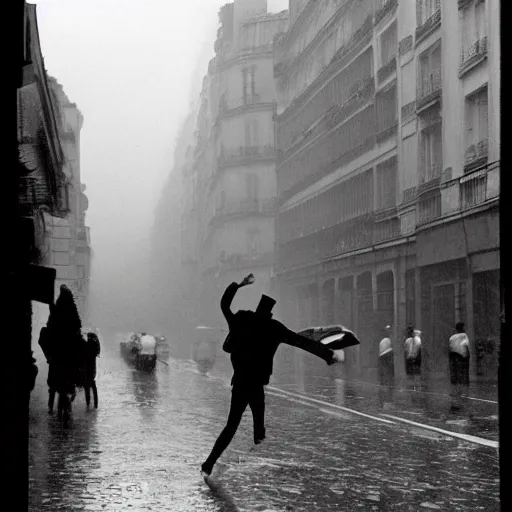 Image similar to the man leaping in a raining paris street, by henri cartier bresson,