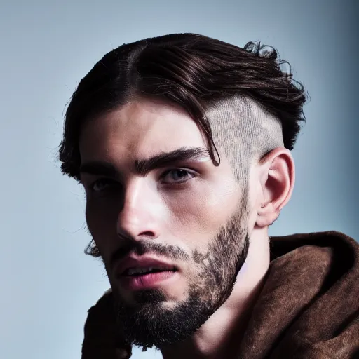 Prompt: a closeup photo of a male model wearing a baggy teal distressed medieval leather menswear jacket by boris bidjan saberi, 4 k, studio lighting, wide angle lens