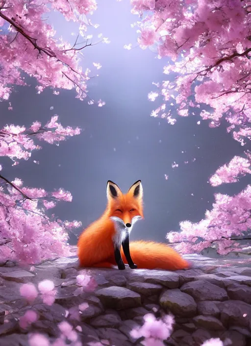 Image similar to a fox sitting curled up under a Sakura tree, subtle colors. Digital illustration, soft lighting, atmospheric lighting, 8K, octane render. By Makoto Shinkai, Stanley Artgerm Lau, WLOP, Rossdraws, James Jean, Andrei Riabovitchev, Marc Simonetti, krenz cushart, Sakimichan, D&D trending on ArtStation, digital art.