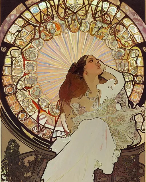 Image similar to painting alphonse mucha, the interior of the opera house, a singer in a white dress on a lighted stage, a palette of pastel colors