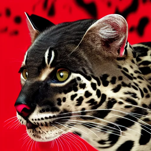 Image similar to profile shot of a black and red ocelot with black background, dramatic, cinematic, high contrast, octane render, 4k