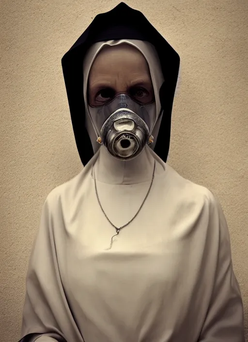 Image similar to closeup portrait of a gothic nun wearing a gas mask, depth of field, zeiss lens, detailed, symmetrical, centered, fashion photoshoot, by Annie Leibovitz and Steve McCurry, David Lazar, Jimmy Nelsson, Breathtaking, 8k resolution, extremely detailed, beautiful, establishing shot, artistic, hyperrealistic, beautiful face, octane render