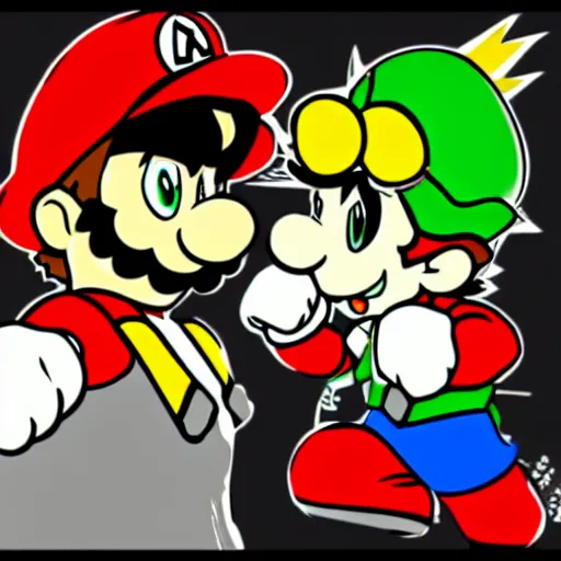 Image similar to bowser clashing fists with mario. nintendo style.