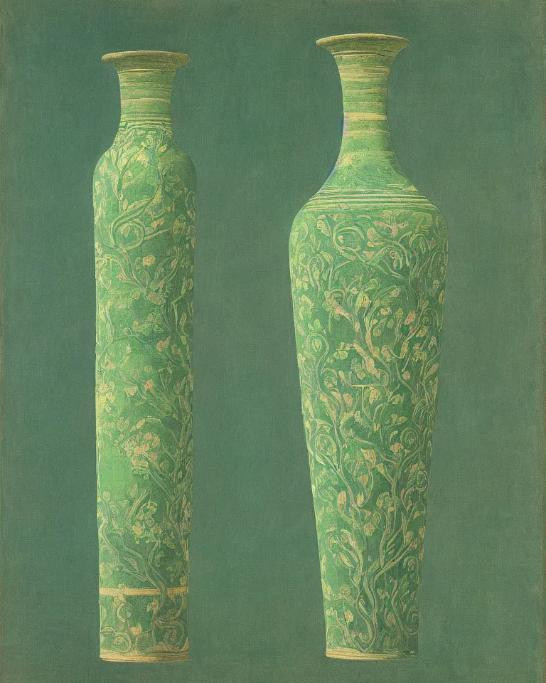 Image similar to achingly beautiful print of intricately painted ancient greek lekythos on a green pastel background by rene magritte, monet, and turner.