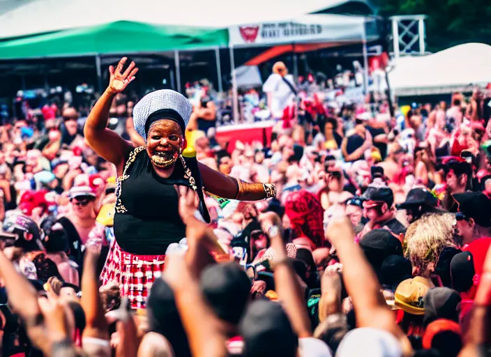 Image similar to photo still of aunt jemima in period attire at vans warped tour!!!!!!!! at age 4 0 years old 4 0 years of age!!!!!!! on stage diving into the crowd, 8 k, 8 5 mm f 1. 8, studio lighting, rim light, right side key light