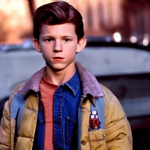 Prompt: stunning awe inspiring tom holland as marty mcfly in the movie back to the future, movie still 8 k hdr atmospheric lighting