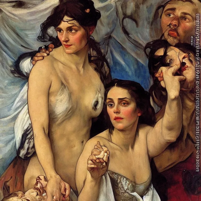 Prompt: Beautiful realistic self portrait by Zinaida Serebriakova As Salome holding up the severed Head of John The Baptist painted by alphonse mucha and arnold böcklin , lush glossy oil painting shocking detail hyperrealistic 8k