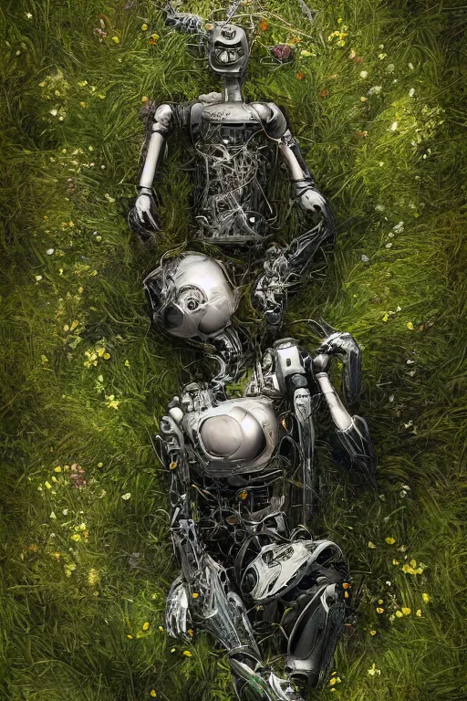 Prompt: a fancy portrait of a broken robot laying in the meadow covered in plants by greg rutkowski, sung choi, mitchell mohrhauser, maciej kuciara, johnson ting, maxim verehin, peter konig, bloodborne, 8 k photorealistic, cinematic lighting, hd, high details, dramatic, dark atmosphere, trending on artstation