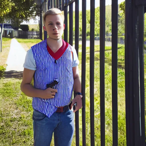 Image similar to Young man standing looking to the right in a red bandana, blue striped shirt, gray vest and a gun with a partly cloudy sky in the background. The young man is standing in front of an iron fence. Photograph. Real life