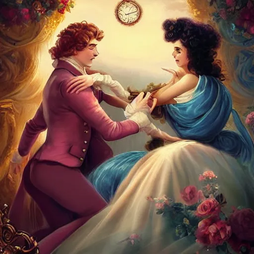 Image similar to A vintage rococo painting Charlie Bowater and Gabrielle Ragusi by Salvador Dalle Lisa Frank :: He always knew she was the one :: dapper man handsome with beautiful hair and brown eyes, a smile to take your breath away. Cute and mine from the first meeting until the end of time :: hd - H 960