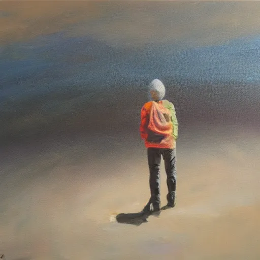 Prompt: standing at the edge of tomorrow, oil painting, matte