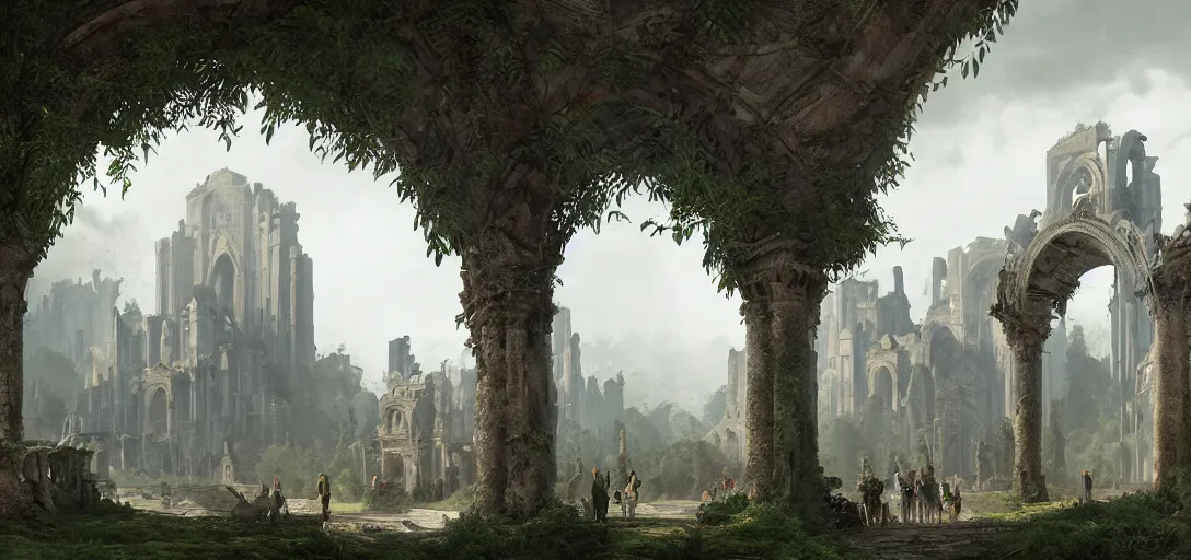 Image similar to gigantic palace, arches adorned pillars, towers, archways, gnarly trees, lush vegetation, forrest, landscape, raphael lacoste, eddie mendoza, alex ross, concept art, matte painting, highly detailed, rule of thirds, dynamic lighting, cinematic, detailed, denoised, centerd