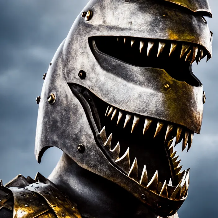 Prompt: photo of a warrior with metal t - rex themed armour and helmet, highly detailed, 4 k, hdr, smooth, sharp focus, high resolution, award - winning photo