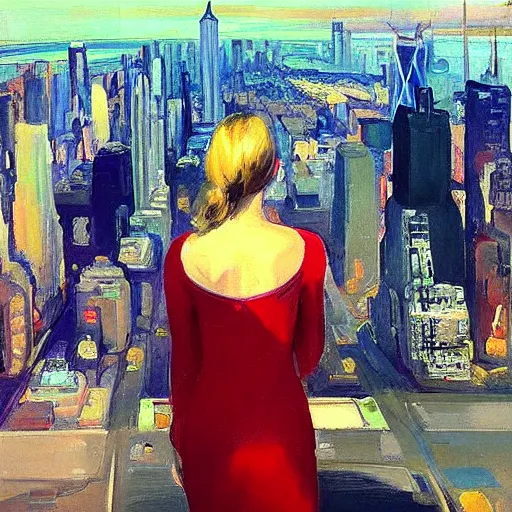 Image similar to “ a girl! looking down at a futuristic new york city below, cyberpunk, detailed face, wearing red dress, oil painting, by george bellows ”